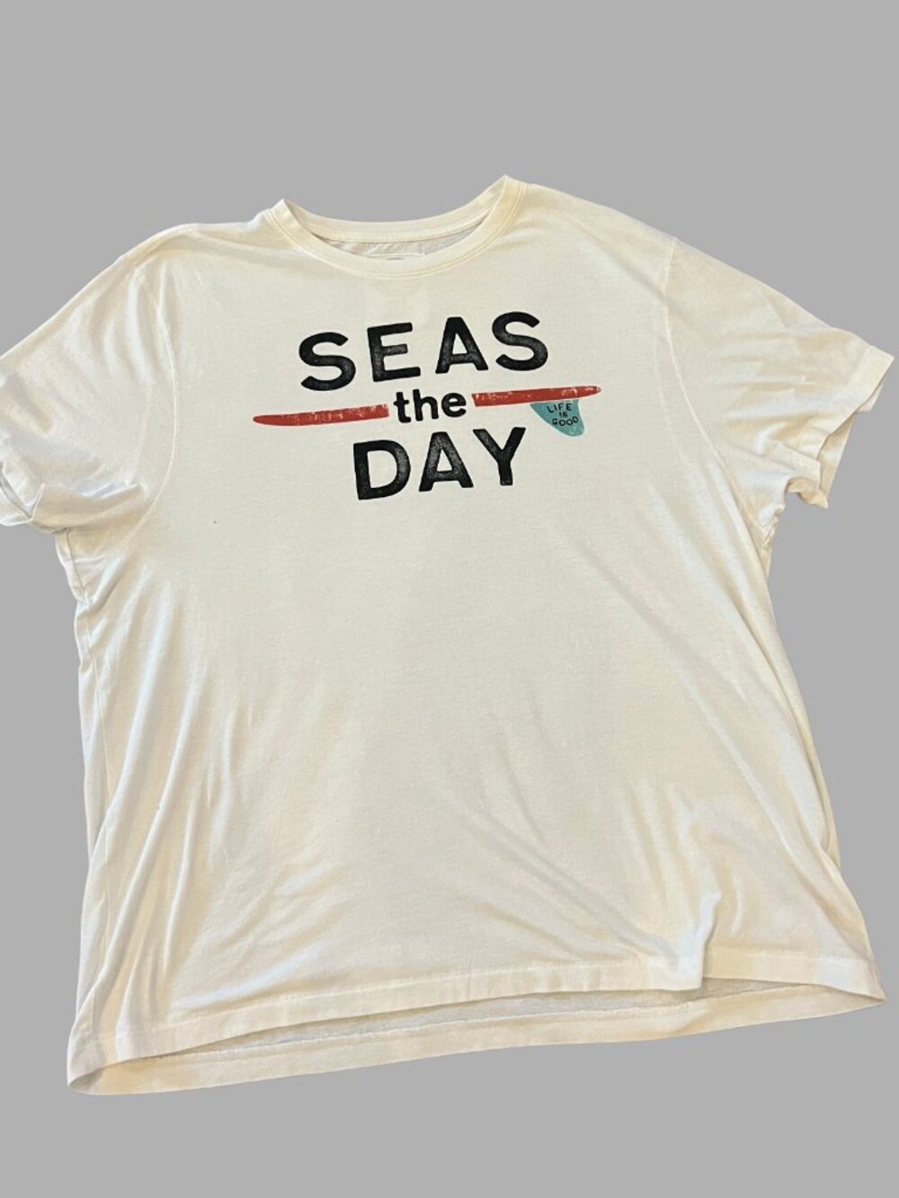 Life Is Good Seas the Day Unisex Graphic Tee - White with Red & Teal Surfboard - Picture 3 of 5